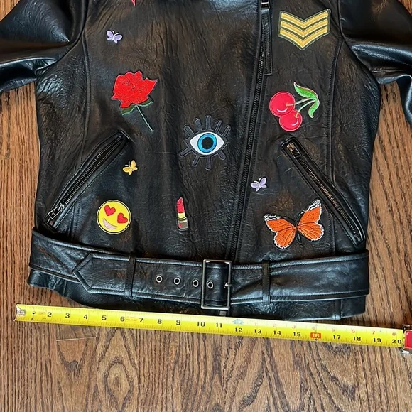 Glee Aqua Black leather emoji motor jacket Sz L - Picture 8 of 8